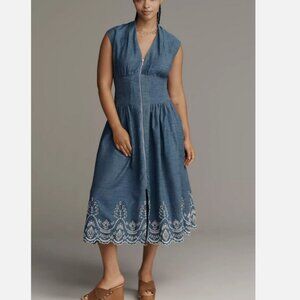 Anthropologie The Tommie Denim Chambray Zip Front Eyelet Trim Dress 2X NWT Blue